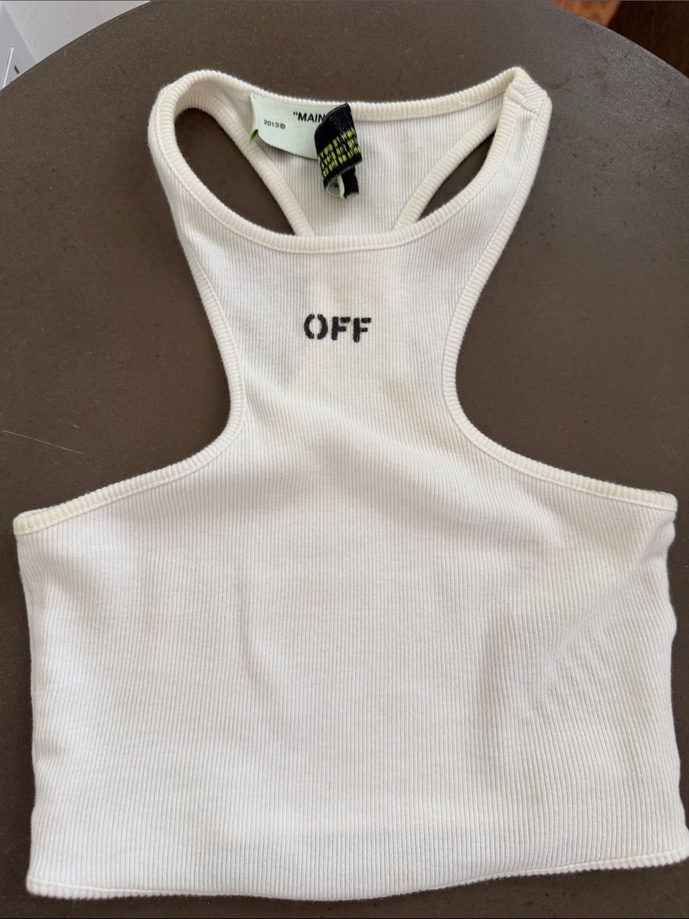 Off-White Cream Ribbed Racerback Crop Tank with 'OFF' Chest Logo size 36